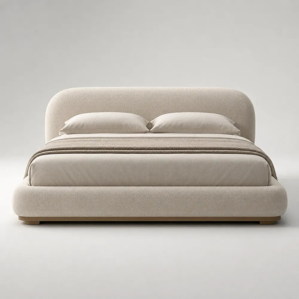 Letto matrimoniale imbottito beige in tessuto bouclé, per materasso 160 x 200 cm, con testiera arrotondata, 190 x 226 x 108 cm