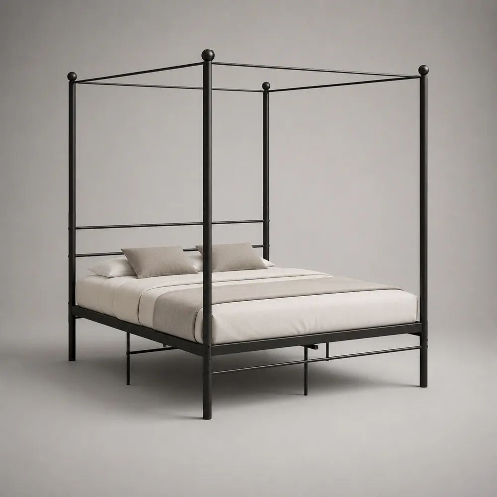 Letto a baldacchino matrimoniale in acciaio nero, per materasso 160 x 200 cm, dimensioni 168 x 208 x 210 cm