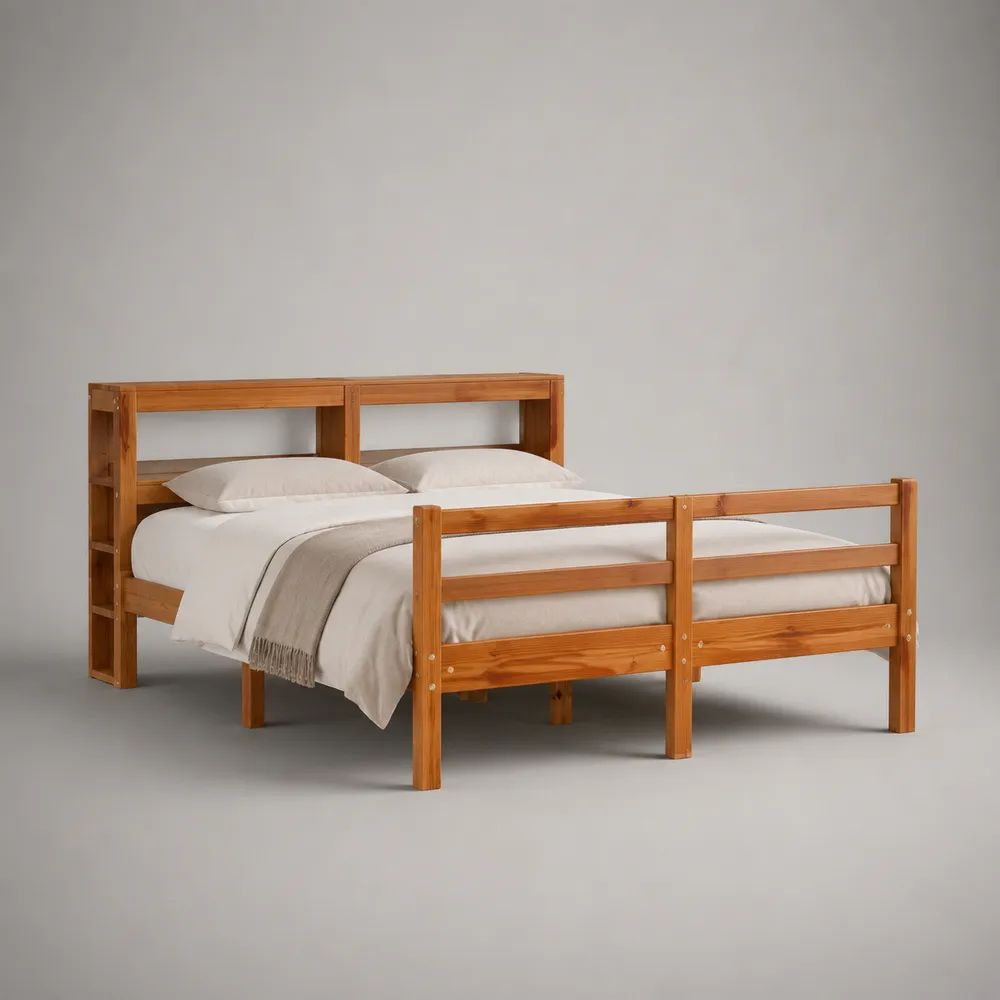 Letto matrimoniale in pino massello marrone miele 171 x 202 x 102 cm, per materasso 160 x 190 cm, con rete a doghe, testiera con vani e sponde rialzate