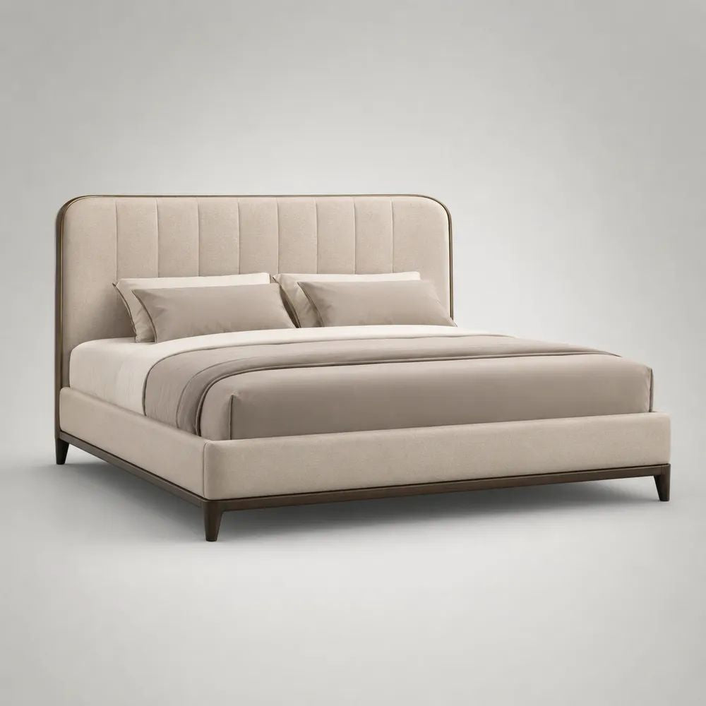Letto matrimoniale imbottito in poliestere beige con testiera scanalata, materasso 160 × 200 cm, dimensioni 180 × 218 × 120 cm