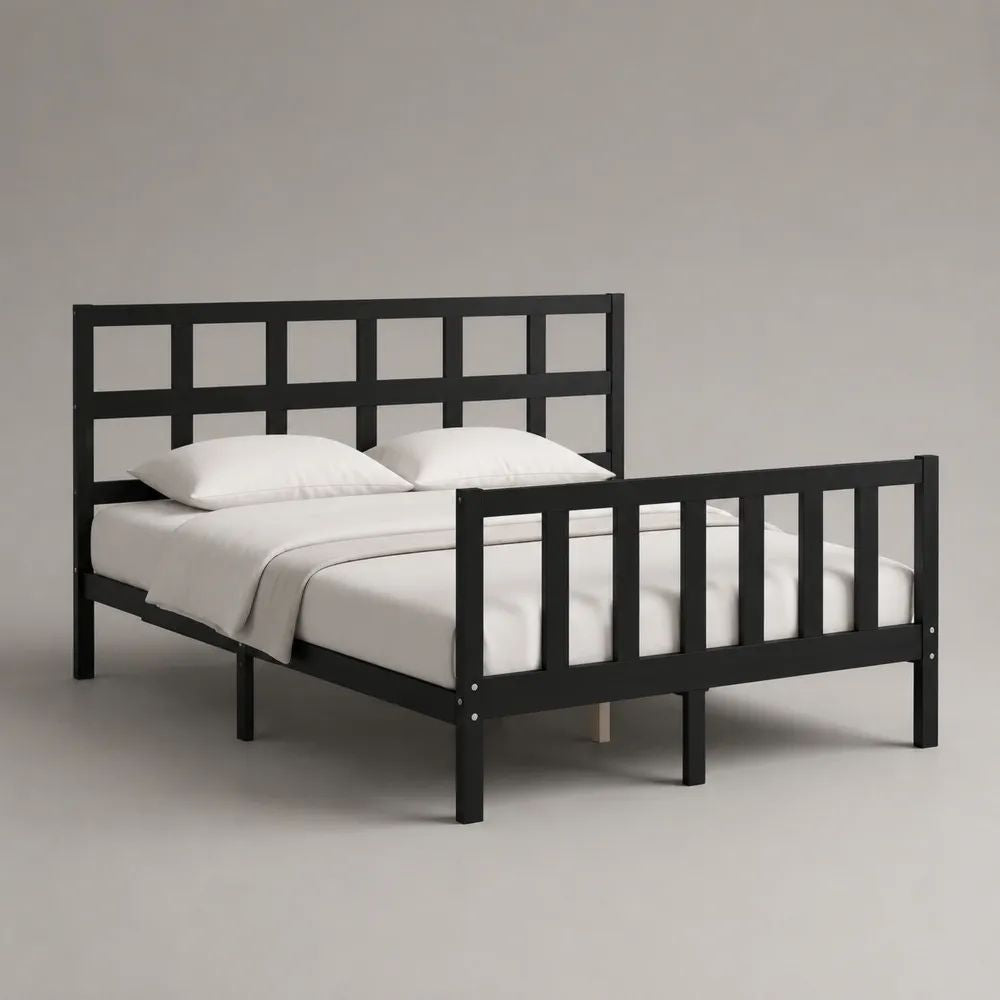 Letto matrimoniale nero in legno massello con rete a doghe, per materasso 140 × 200 cm, dimensioni 206 × 146 × 100 cm