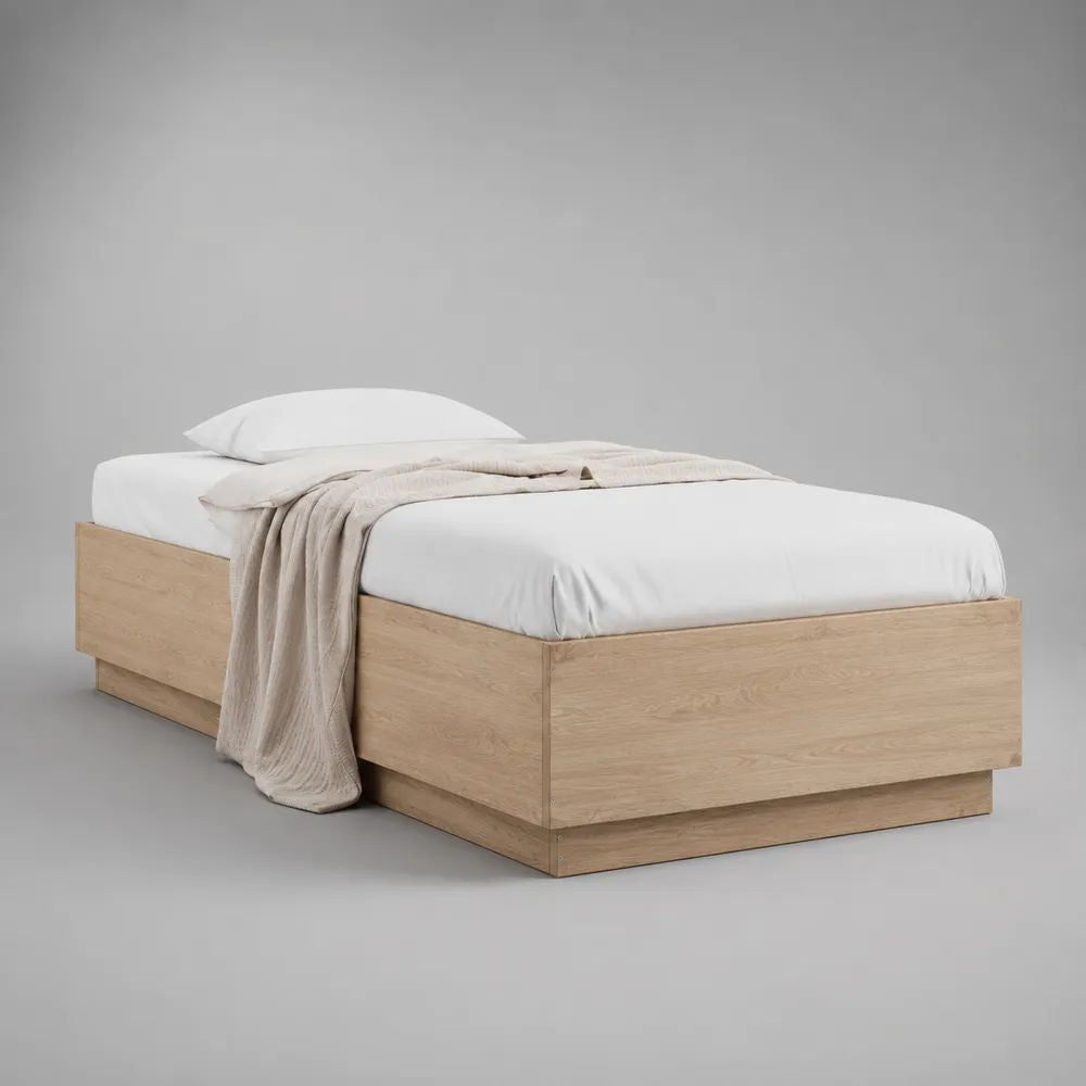 Letto una piazza e mezza 120 x 200 cm in pannello truciolare melaminico senza testiera, 128 x 208 x 45 cm, rovere chiaro
