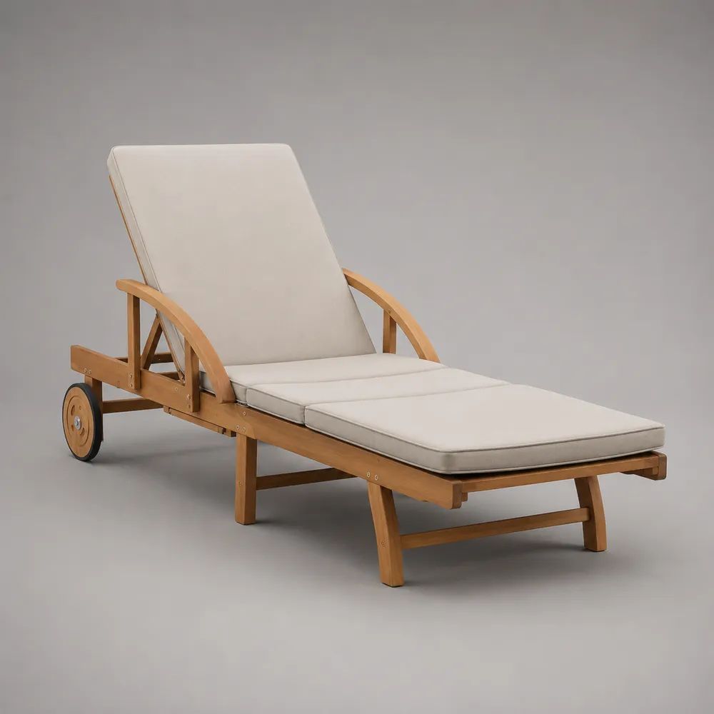 Lettino prendisole reclinabile da esterno in legno massello di acacia con cuscino crema e ruote, 200 x 67 x 85 cm