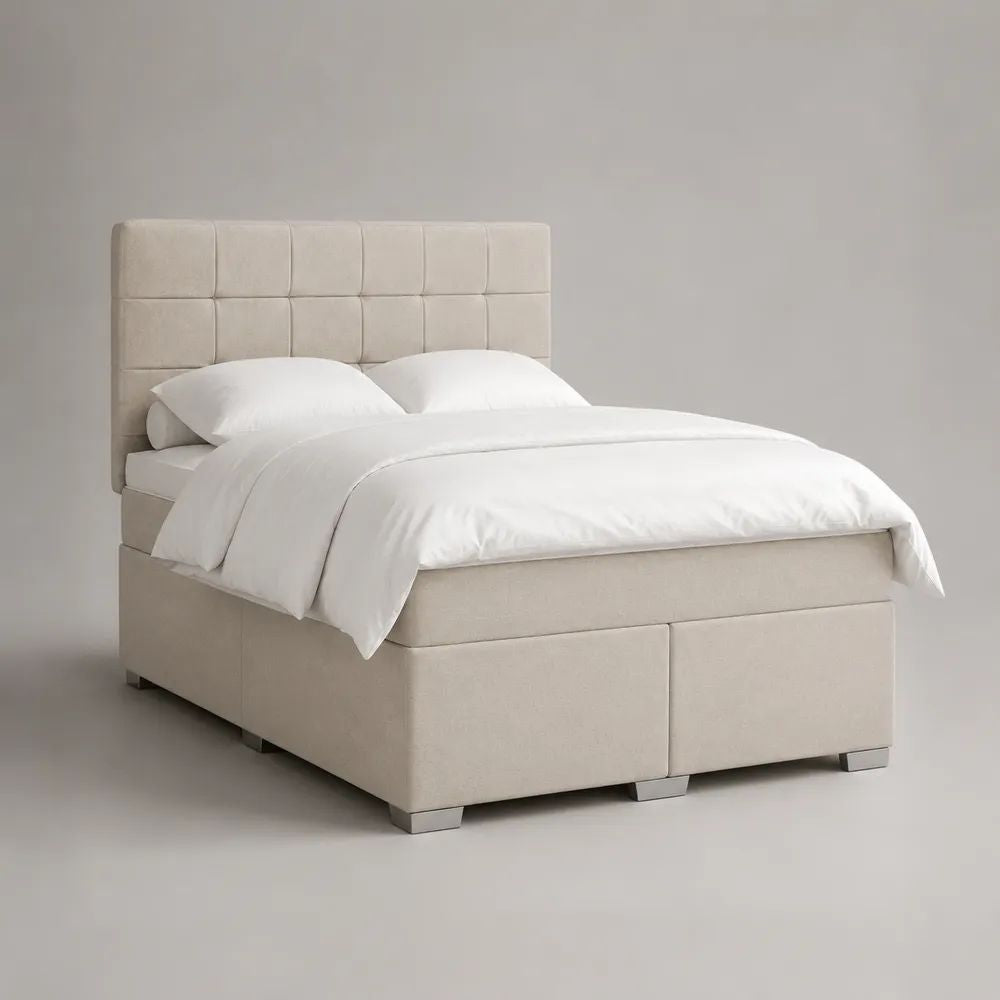 Letto matrimoniale imbottito beige 160 x 200 cm con testiera trapuntata, rivestimento in poliestere e struttura in MDF e compensato