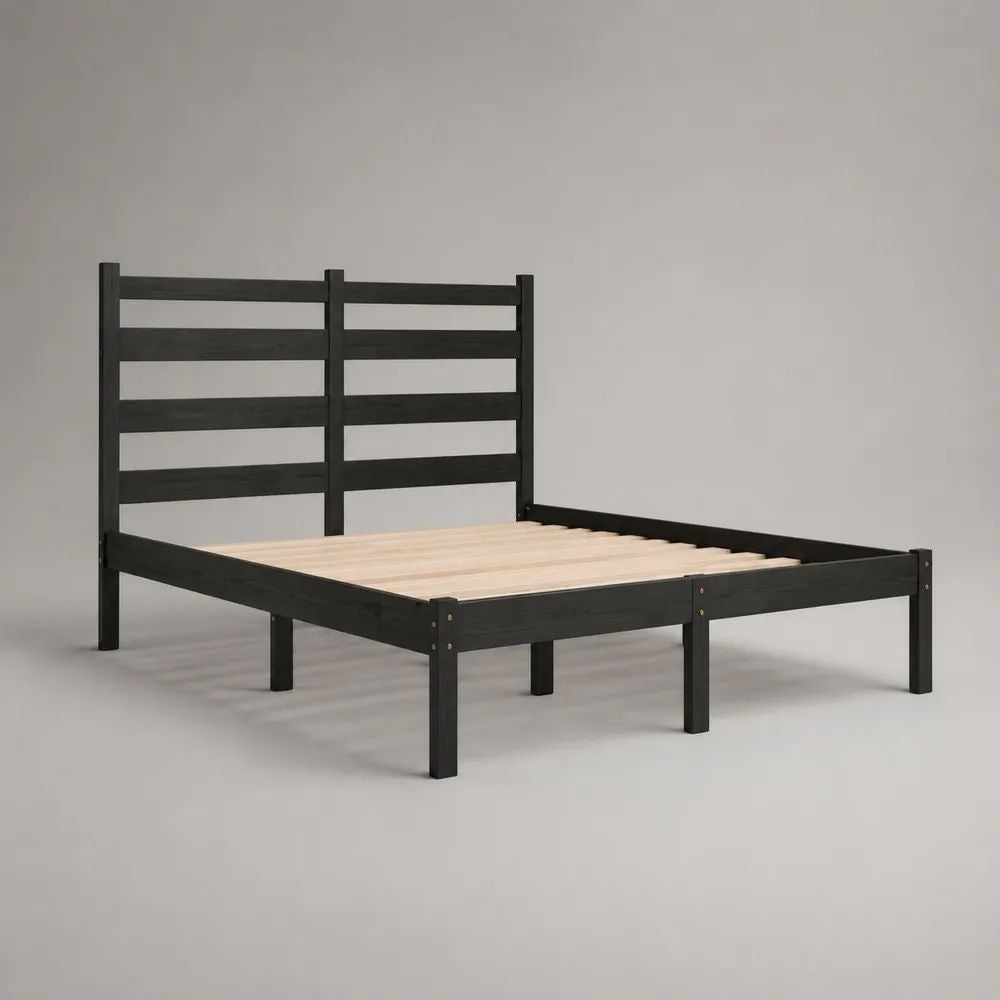 Letto matrimoniale in legno nero e naturale con testiera e rete a doghe, per materasso 140 x 200 cm, dimensioni 207 x 146 x 110 cm