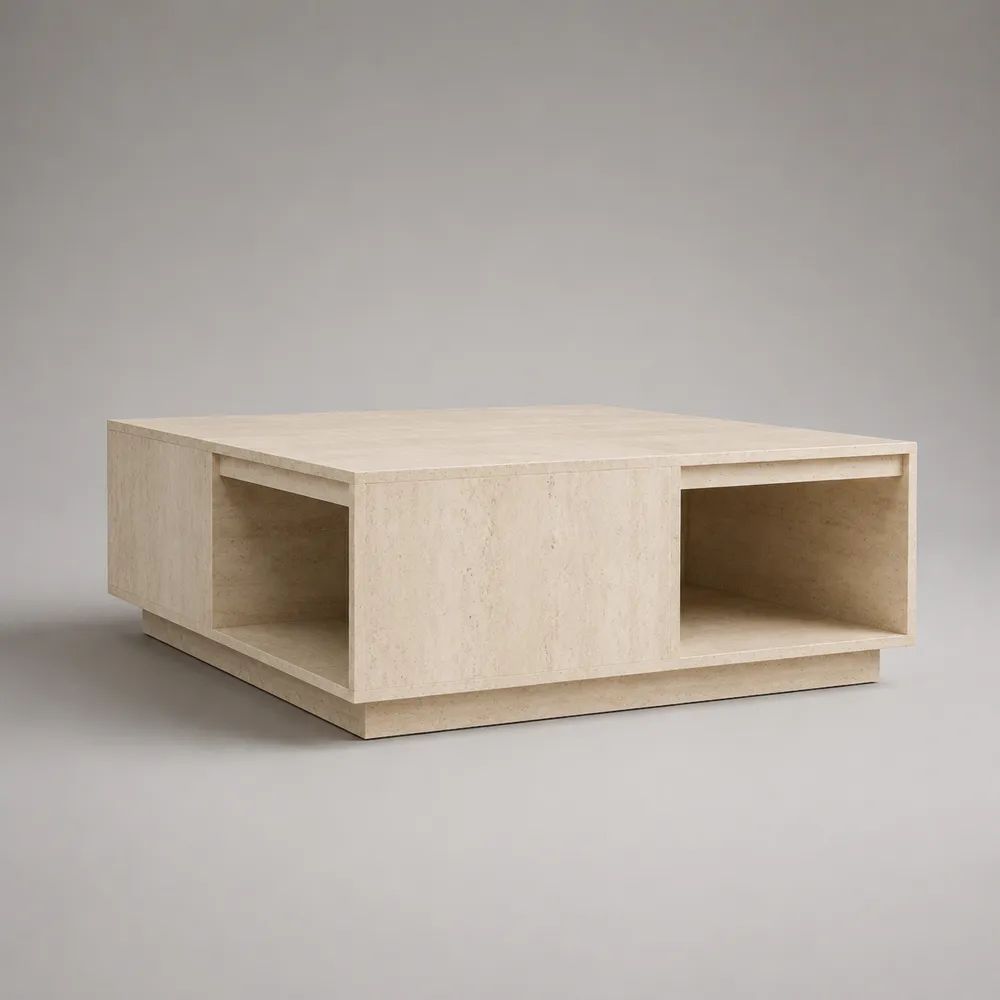 Tavolino da salotto quadrato in MDF effetto travertino beige con vani aperti, 90 x 90 x 40 cm