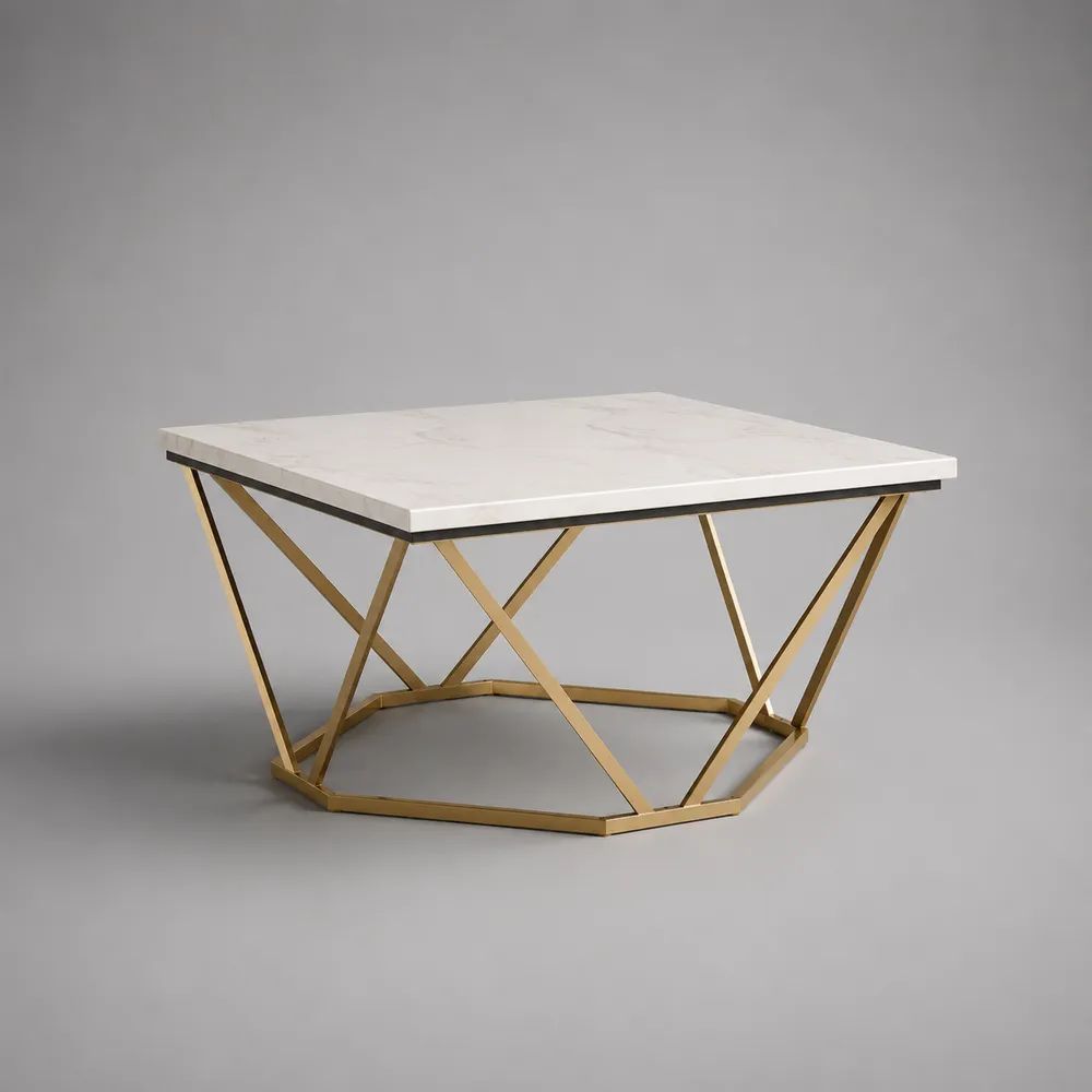Tavolino da salotto quadrato in marmo bianco e acciaio dorato, 80 × 80 × 45 cm