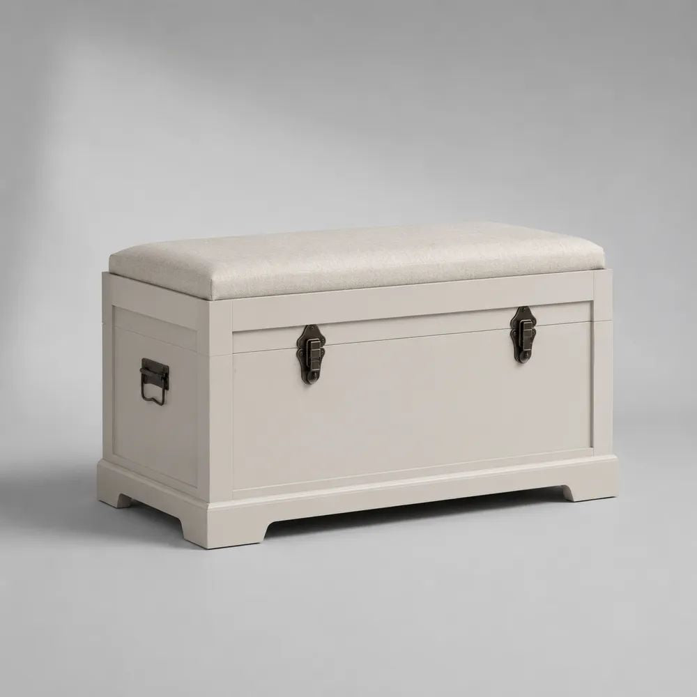 Panca contenitore rettangolare imbottita in legno e tessuto, bianco avorio e beige chiaro, 100 x 40 x 52 cm
