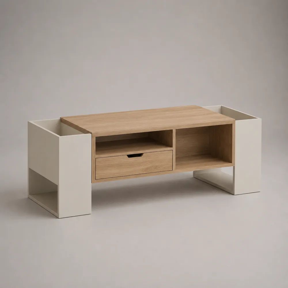 Tavolino da salotto rettangolare in pannello truciolare melaminico, rovere naturale e bianco, con cassetto e vani portaoggetti, 110 x 50 x 48 cm