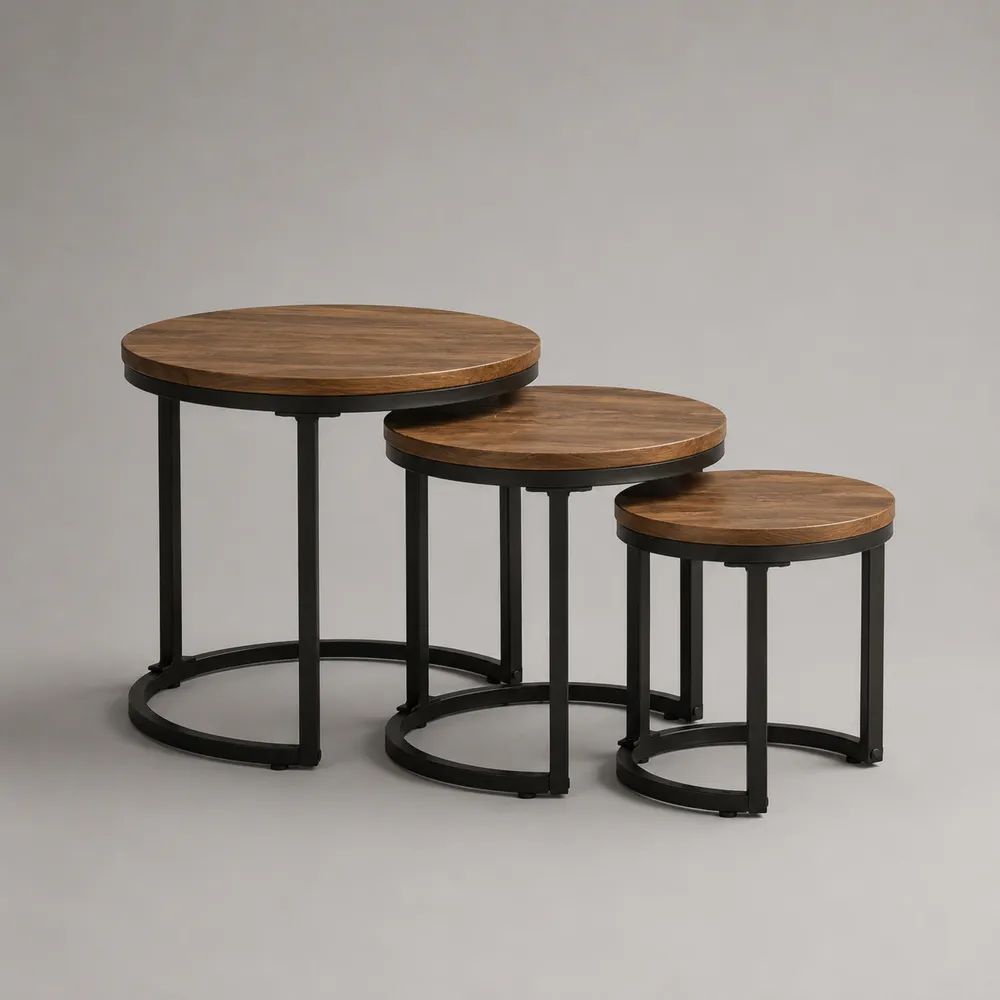 Set di 3 tavolini da salotto rotondi impilabili in legno massello di mango e acciaio nero, Ø60 x H55, Ø50 x H45 e Ø40 x H35 cm, marrone e nero