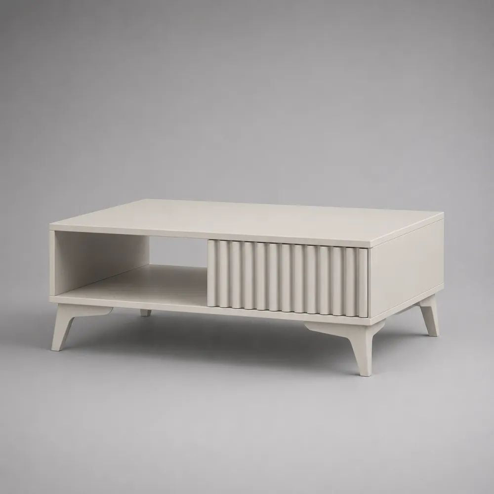 Tavolino da salotto rettangolare contenitore in MDF e truciolare bianco crema con anta scorrevole e vano aperto, 100 × 50 × 40 cm