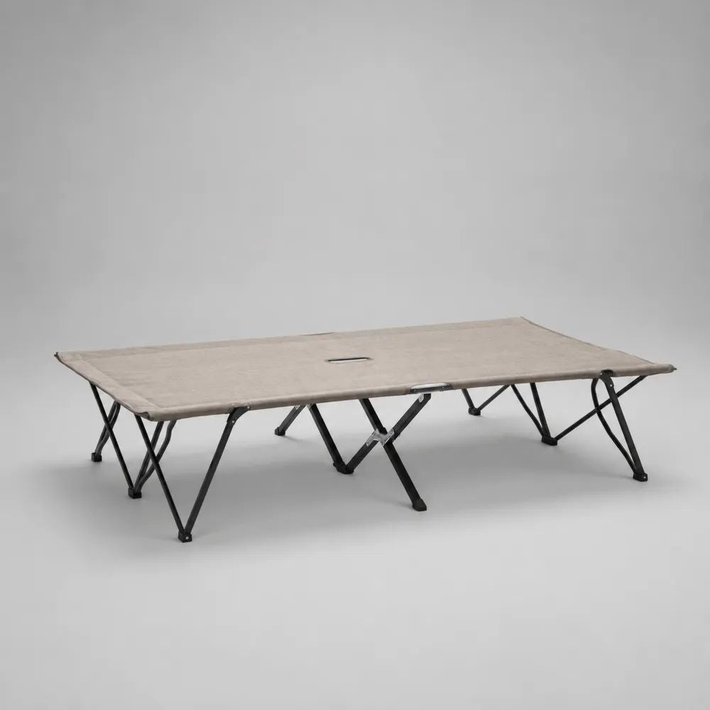 Brandina pieghevole rettangolare da campeggio in poliestere Oxford 600D e acciaio, beige e nera, 190 x 65 x 42 cm