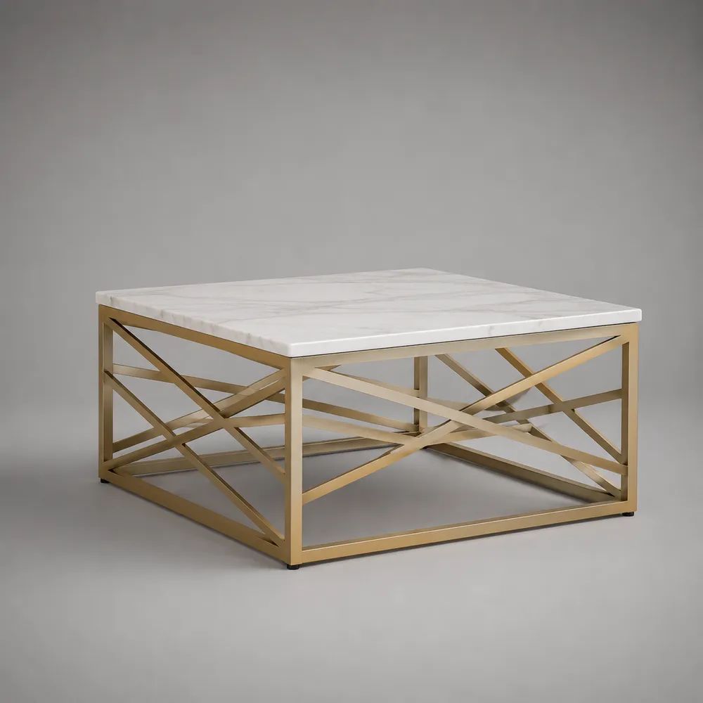 Tavolino da salotto quadrato in legno effetto marmo e metallo dorato, 80 x 80 x 45 cm, bianco e oro