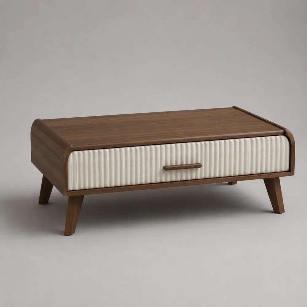 Tavolino da salotto rettangolare con cassetto in MDF impiallacciato noce, marrone noce e bianco avorio, 100 x 55 x 45 cm