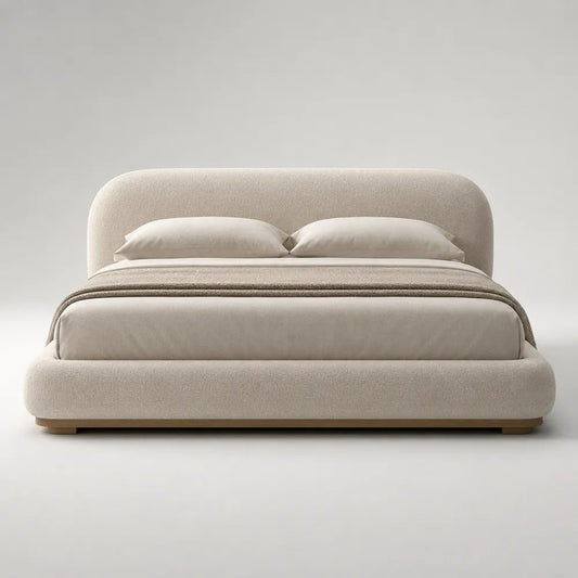 Letto matrimoniale imbottito beige in tessuto bouclé, per materasso 160 x 200 cm, con testiera arrotondata, 190 x 226 x 108 cm