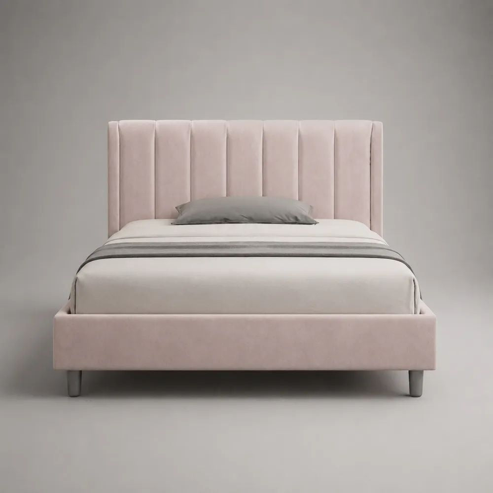 Letto matrimoniale imbottito in velluto rosa cipria con rete a doghe, per materasso 160 x 200 cm, dimensioni 172 x 215 x 120 cm