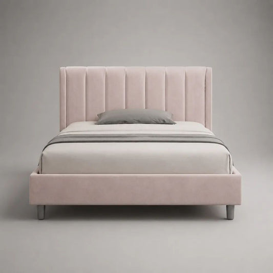 Letto matrimoniale imbottito in velluto rosa cipria con rete a doghe, per materasso 160 x 200 cm, dimensioni 172 x 215 x 120 cm