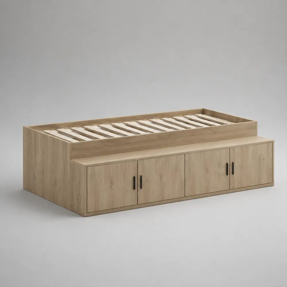 Letto singolo contenitore in legno con 4 ante e rete a doghe, rovere chiaro e nero, 205 x 96 x 75 cm, per materasso 90 x 200 cm