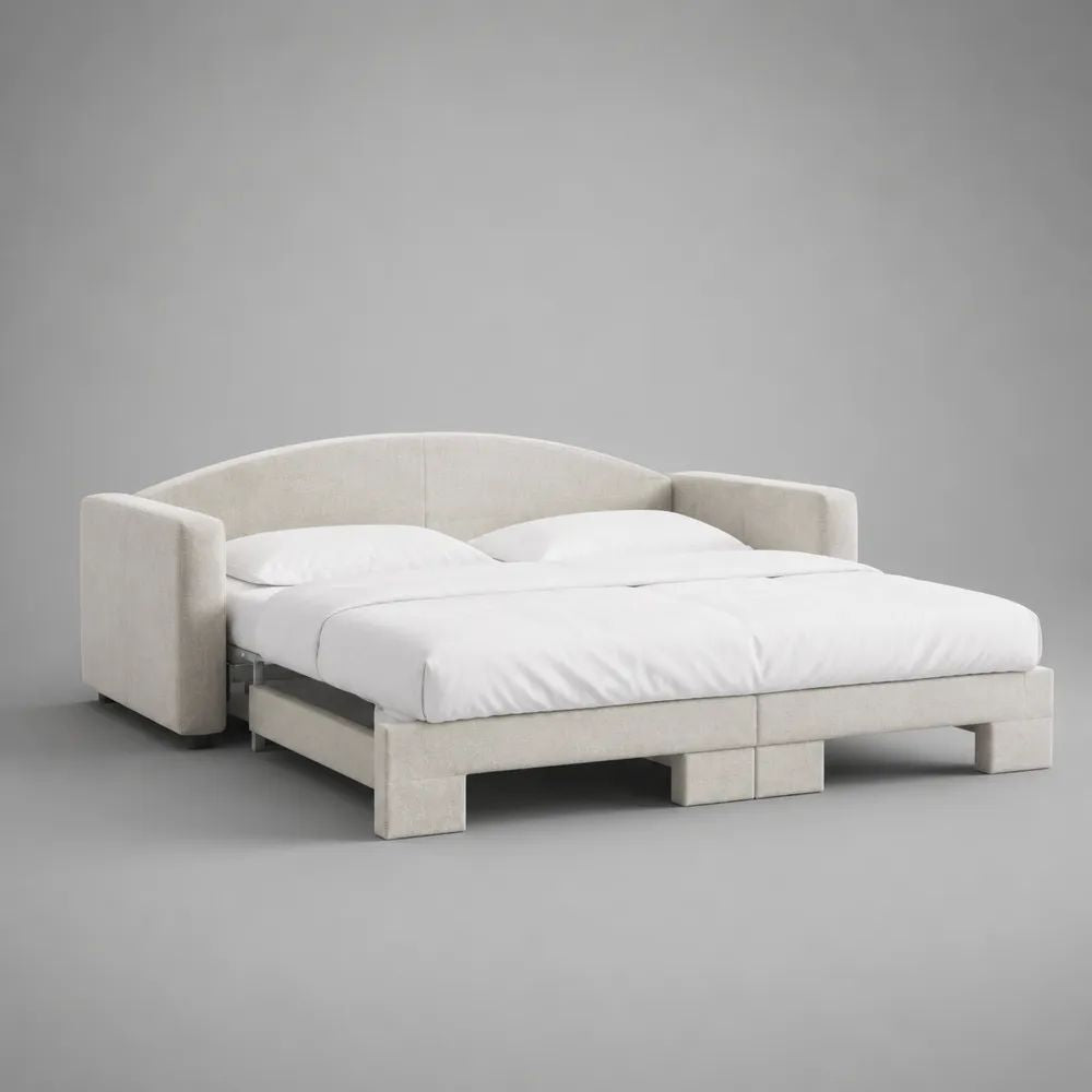 Divano letto matrimoniale trasformabile a 3 posti in poliestere bianco crema, superficie letto 160 x 200 cm, dimensioni 220 x 100 x 85 cm