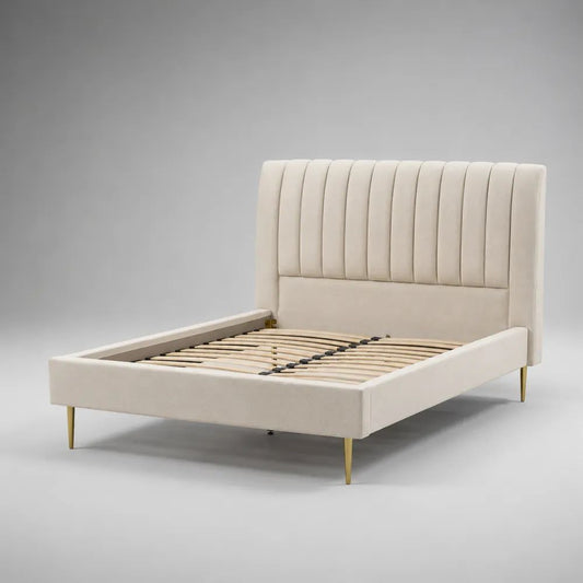 Letto matrimoniale imbottito in velluto beige crema con testiera, rete a doghe e gambe in metallo oro, per materasso 160 x 200 cm, 173 x 216 x 116 cm