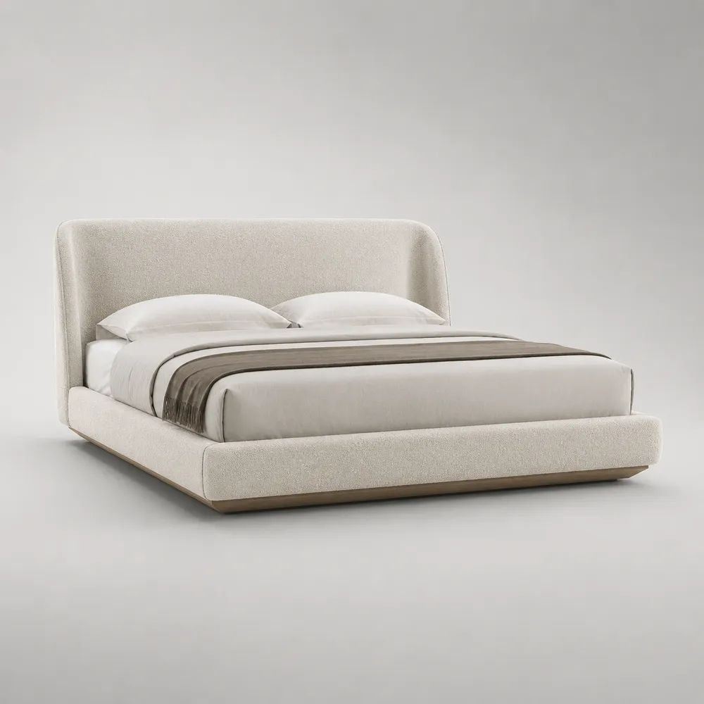 Letto matrimoniale imbottito 160 x 200 cm in tessuto bouclé avorio con rete a doghe, 190 x 225 x 105 cm