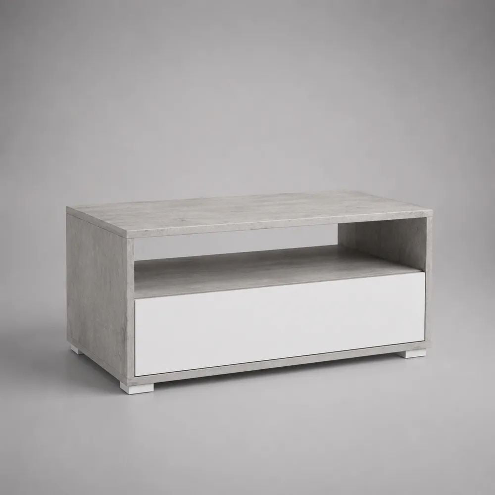 Tavolino da salotto rettangolare in truciolare melaminico grigio cemento e bianco con cassetto e ripiano, 90 × 50 × 45 cm