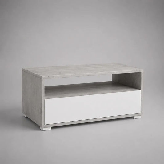 Tavolino da salotto rettangolare in truciolare melaminico grigio cemento e bianco con cassetto e ripiano, 90 × 50 × 45 cm