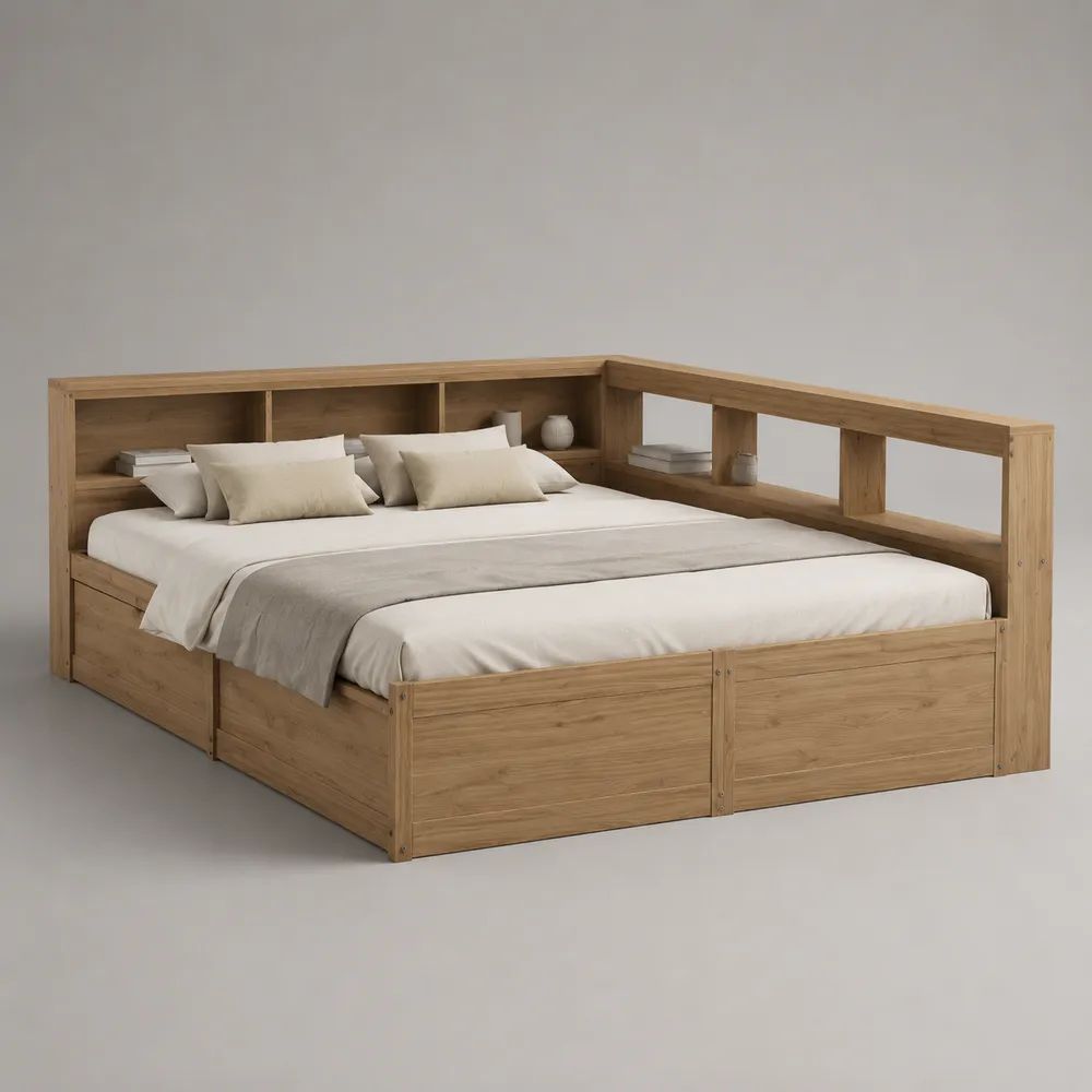 Letto matrimoniale in legno rovere naturale 180 x 200 cm con 4 cassetti e libreria integrata, 225 x 205 x 105 cm