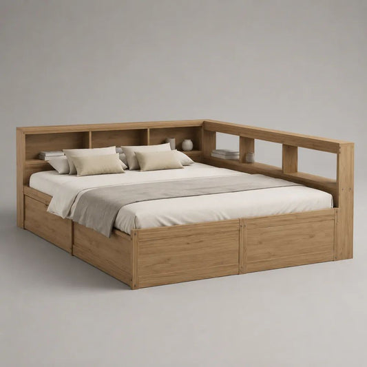 Letto matrimoniale in legno rovere naturale 180 x 200 cm con 4 cassetti e libreria integrata, 225 x 205 x 105 cm