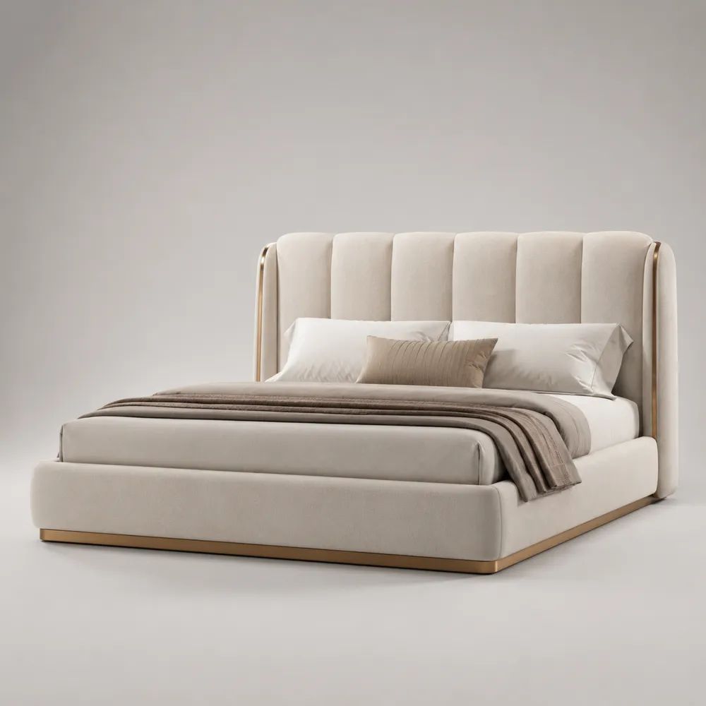Letto matrimoniale imbottito 160 x 200 cm in tessuto crema con testiera a pannelli e profili in metallo oro, dimensioni 220 x 185 x 135 cm