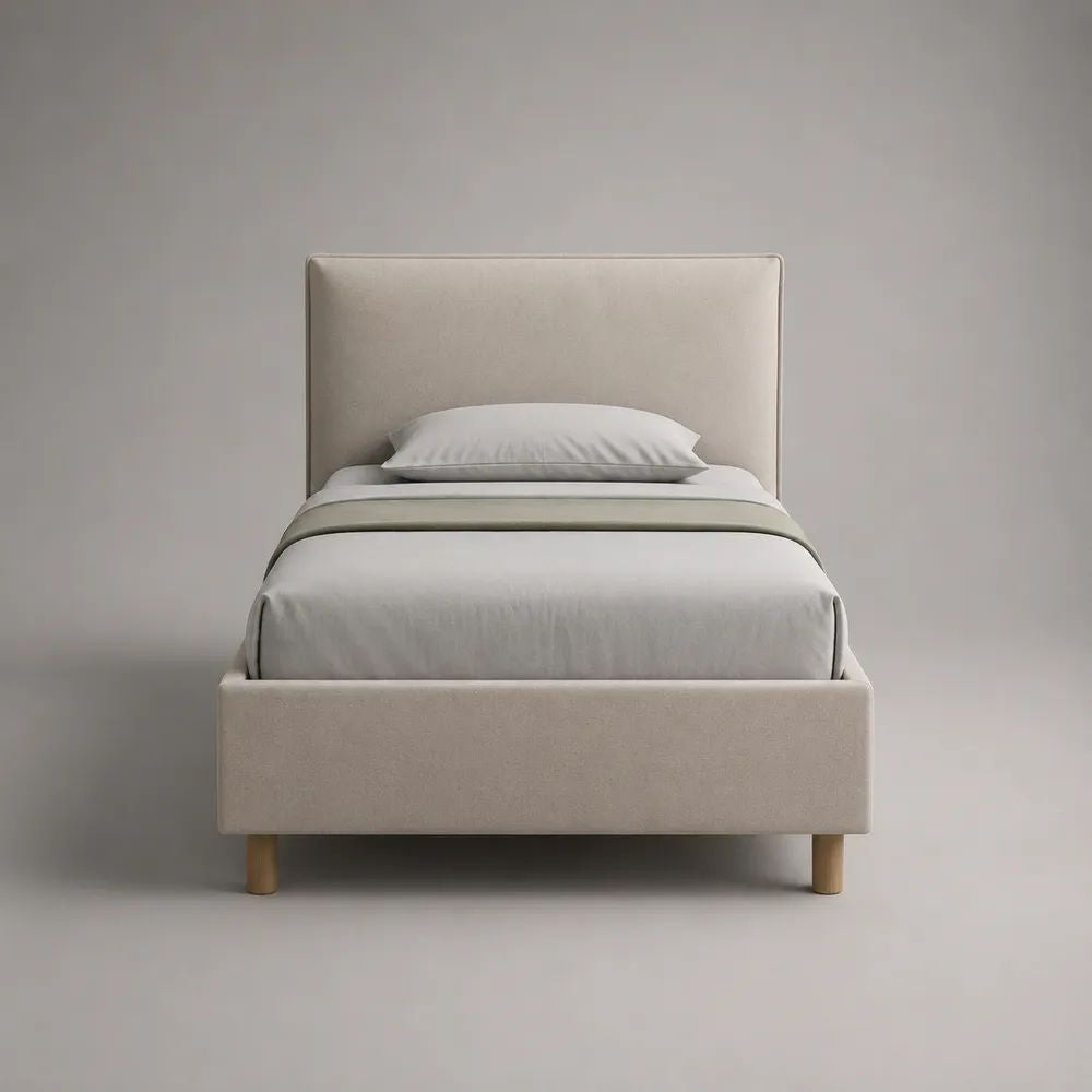 Letto singolo imbottito in tessuto beige 90 × 200 cm con testiera rettangolare e gambe in legno, 210 × 100 × 110 cm