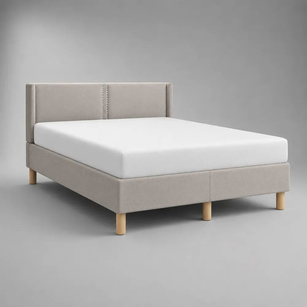 Letto matrimoniale imbottito beige 170 x 215 x 110 cm per materasso 160 x 200 cm, con rete a doghe, rivestimento in tessuto e piedini in legno