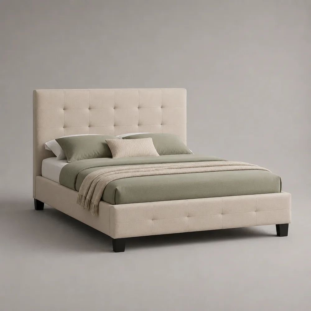 Letto matrimoniale imbottito in poliestere beige con testiera trapuntata, rete 160 x 200 cm, 171 x 216 x 112 cm
