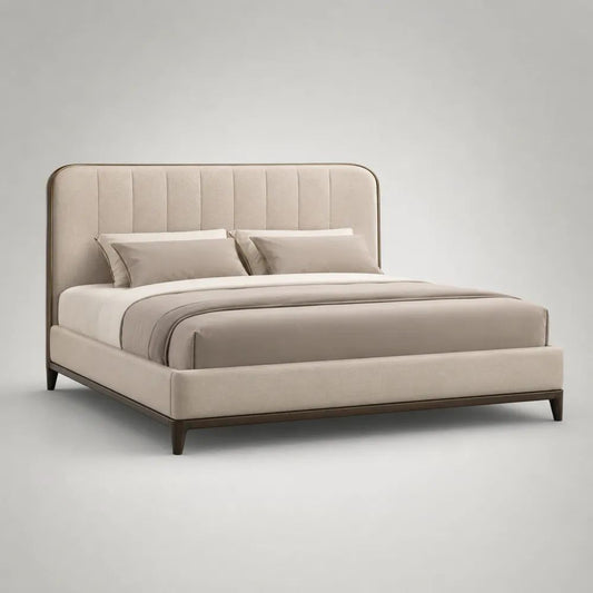 Letto matrimoniale imbottito in poliestere beige con testiera scanalata, materasso 160 × 200 cm, dimensioni 180 × 218 × 120 cm