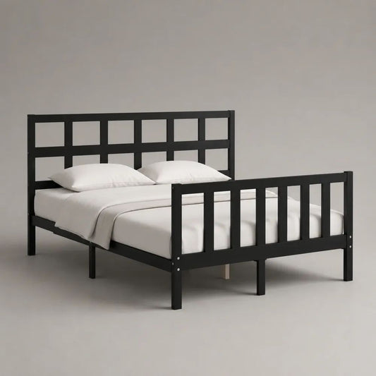 Letto matrimoniale nero in legno massello con rete a doghe, per materasso 140 × 200 cm, dimensioni 206 × 146 × 100 cm