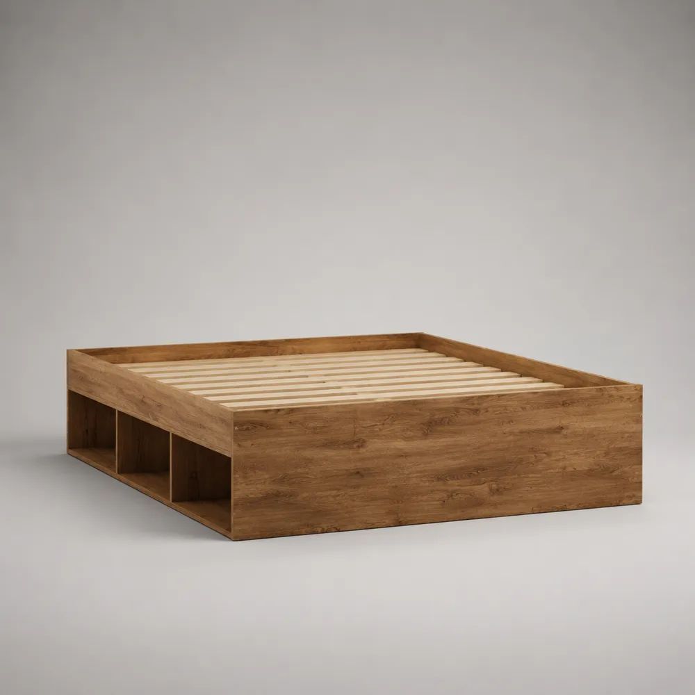 Letto matrimoniale in legno effetto rovere marrone con 3 vani portaoggetti e rete a doghe, 166 x 206 x 50 cm, per materasso 160 x 200 cm