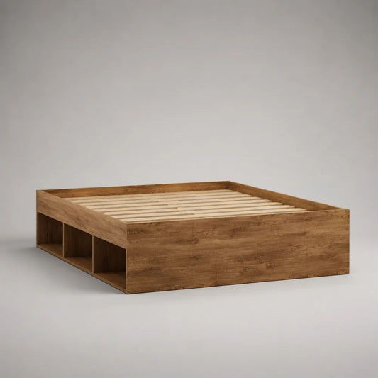 Letto matrimoniale in legno effetto rovere marrone con 3 vani portaoggetti e rete a doghe, 166 x 206 x 50 cm, per materasso 160 x 200 cm