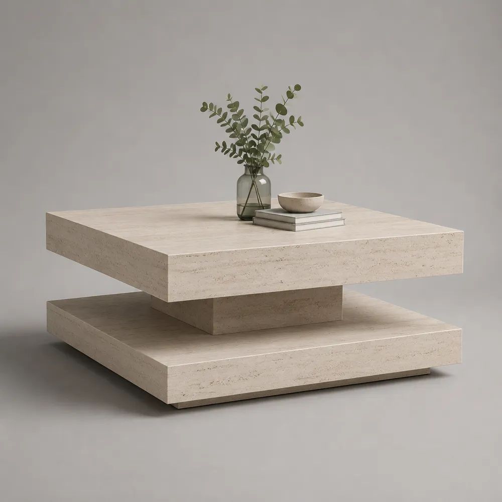 Tavolino da salotto quadrato in MDF effetto travertino beige e crema, 90 x 90 x 45 cm