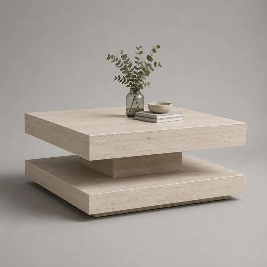 Tavolino da salotto quadrato in MDF effetto travertino beige e crema, 90 x 90 x 45 cm