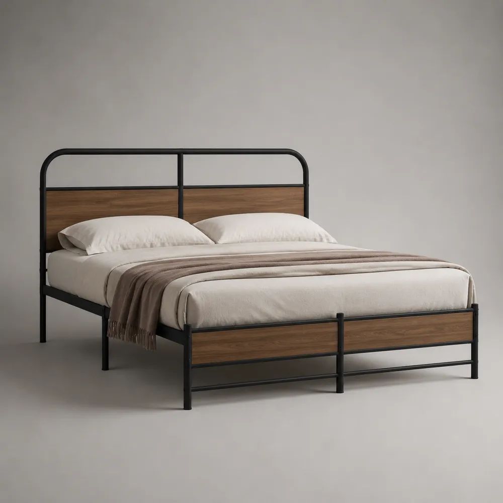 Letto matrimoniale 160 x 200 cm in acciaio e MDF nero e noce, 166 x 208 x 110 cm
