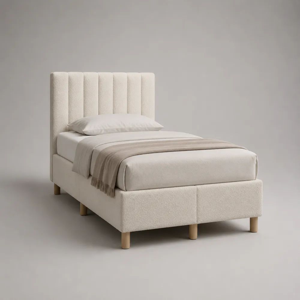 Letto singolo imbottito in tessuto bouclé avorio con testiera scanalata e rete a doghe, 105 x 216 x 120 cm, per materasso 90 x 200 cm