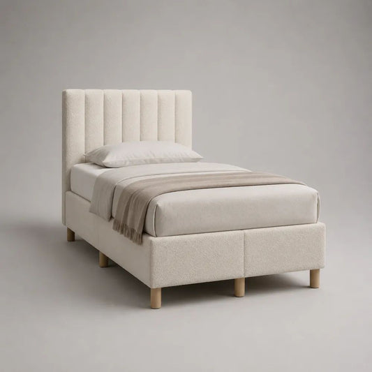 Letto singolo imbottito in tessuto bouclé avorio con testiera scanalata e rete a doghe, 105 x 216 x 120 cm, per materasso 90 x 200 cm