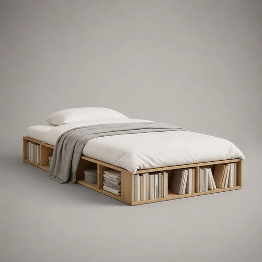 Letto singolo con vani portaoggetti in MDF impiallacciato in rovere naturale, 205 x 95 x 40 cm, rete 90 x 200 cm