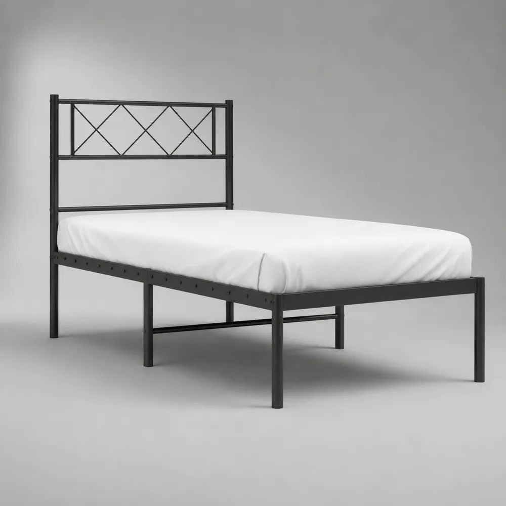 Struttura letto matrimoniale 140 x 190 cm in acciaio nero con testiera geometrica, 145 x 198 x 110 cm