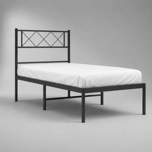 Struttura letto matrimoniale 140 x 190 cm in acciaio nero con testiera geometrica, 145 x 198 x 110 cm