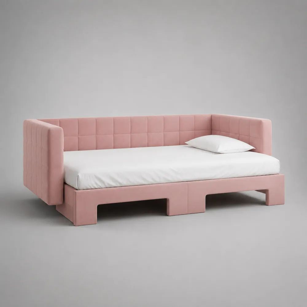 Letto singolo imbottito 90 x 200 cm in velluto rosa cipria con sponde trapuntate