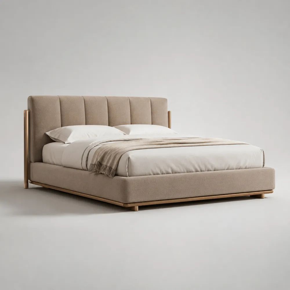 Letto matrimoniale imbottito beige tortora 160 x 200 cm con testiera in tessuto e struttura in legno, 180 x 220 x 115 cm