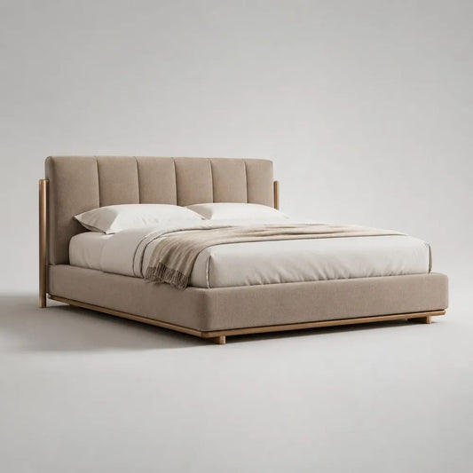 Letto matrimoniale imbottito beige tortora 160 x 200 cm con testiera in tessuto e struttura in legno, 180 x 220 x 115 cm