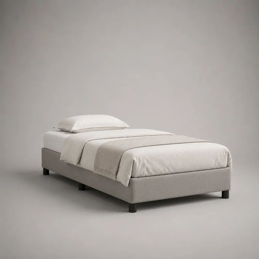 Letto singolo imbottito con rete a doghe, rivestimento in poliestere grigio chiaro, 90 x 200 cm
