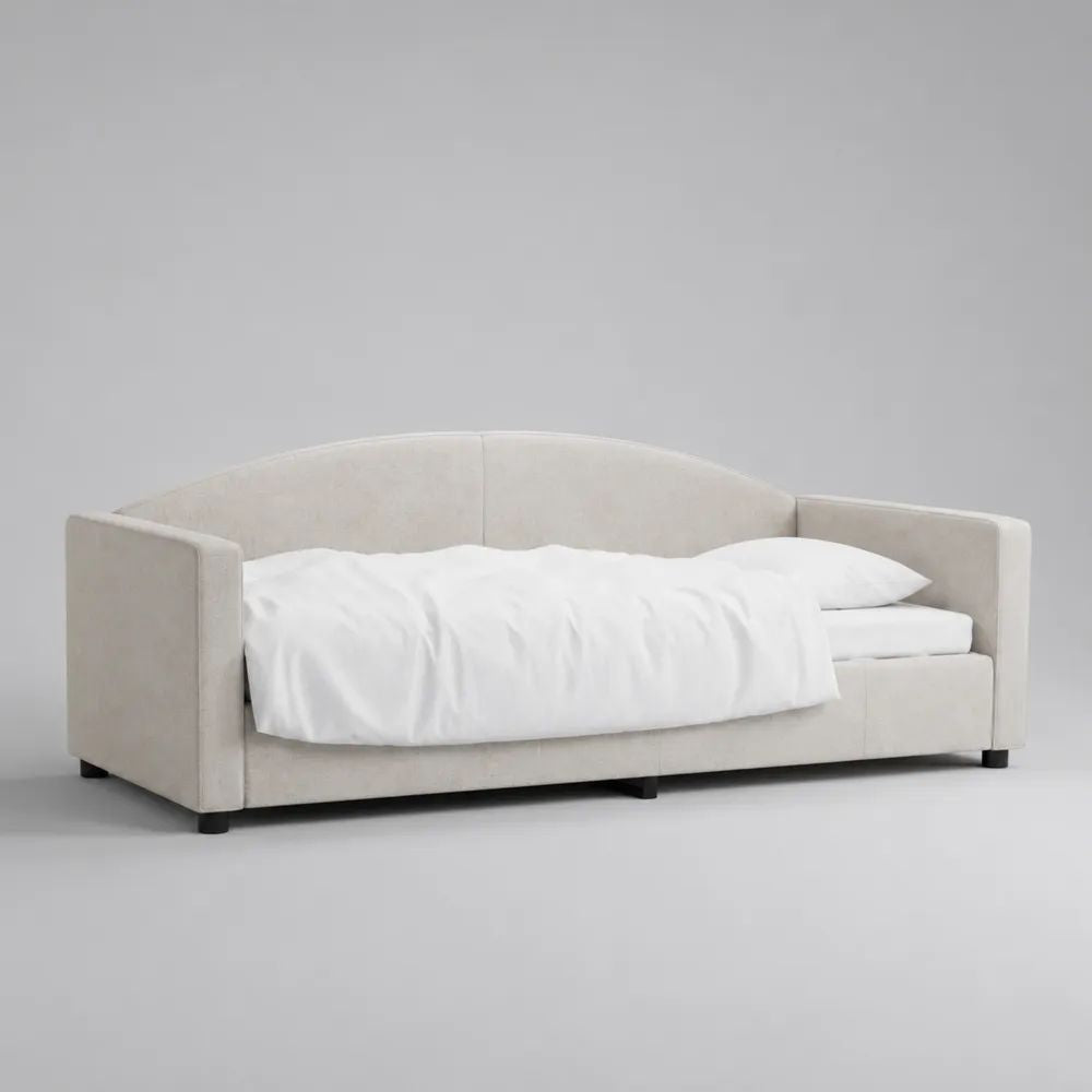 Letto singolo imbottito 90 x 200 cm con struttura a divano, schienale curvo e rivestimento beige